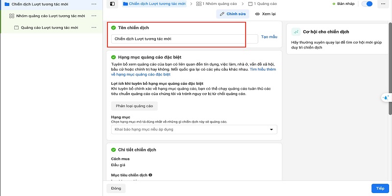 Nhập thông tin tên chiến dịch quảng cáo Facebook