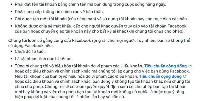 Người dùng tuân thủ điều khoản dịch vụ của Facebook