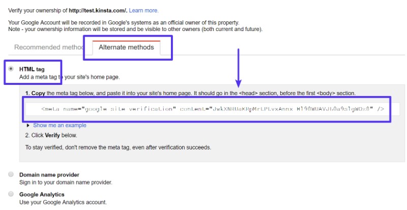 Thẻ Google-site-verification xác minh quyền sở hữu của trang web