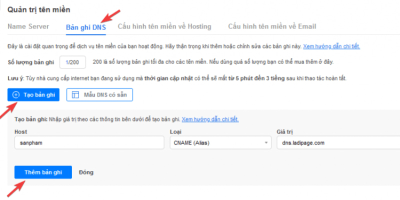 Thiết lập bản ghi DNS tại hệ thống quản lý tên miền