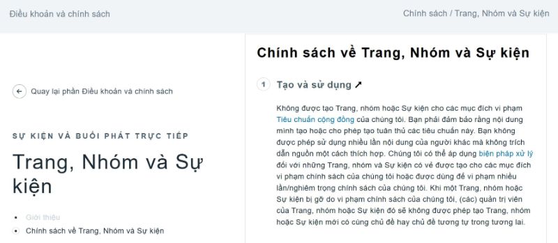Tuân thủ chính sách Facebook khi thiết lập Trang